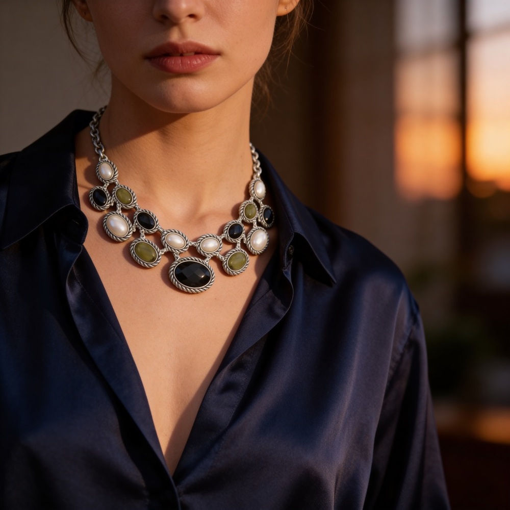 Statement Multi-Stone Silver Necklace - Green, Bl… - image 3